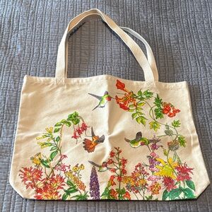 Hummingbird Floral Canvas Tote Bag - Cream
